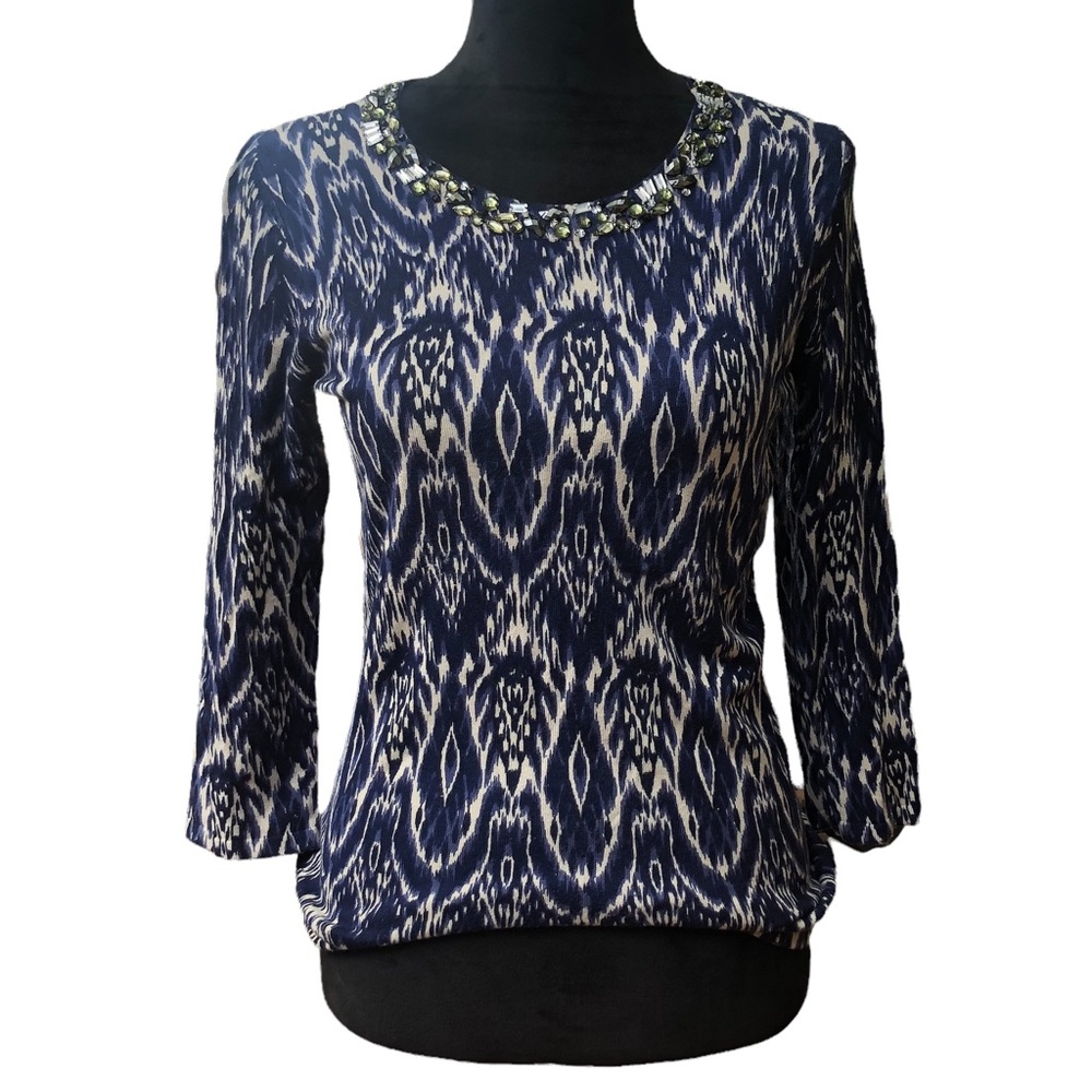 Inc Blue Printed Beaded Neckline Lightweight Sweater size Small